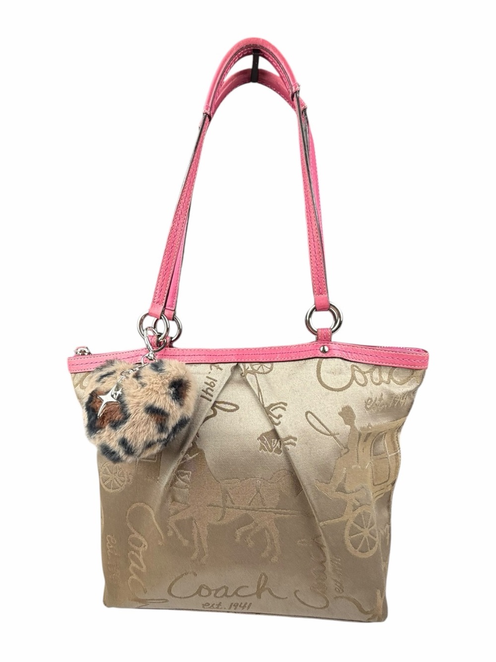 COACH Vintage Y2K Horse & Carriage Sateen Tote Bag W/Bright Pink Handles F14482